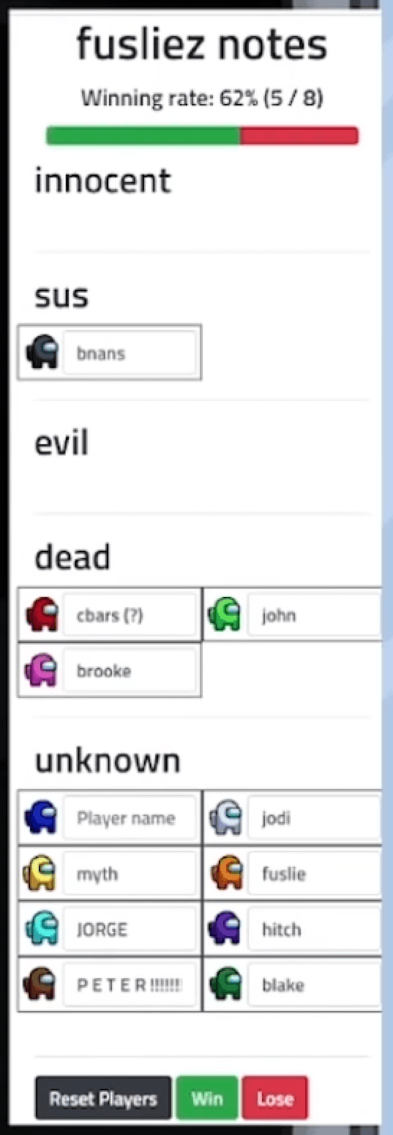 Screenshot of an early version of the Among Us notes app