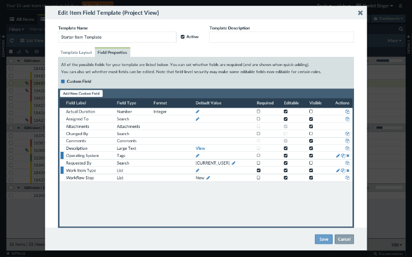 Screenshot of the field template editor in Axosoft, managing field properties