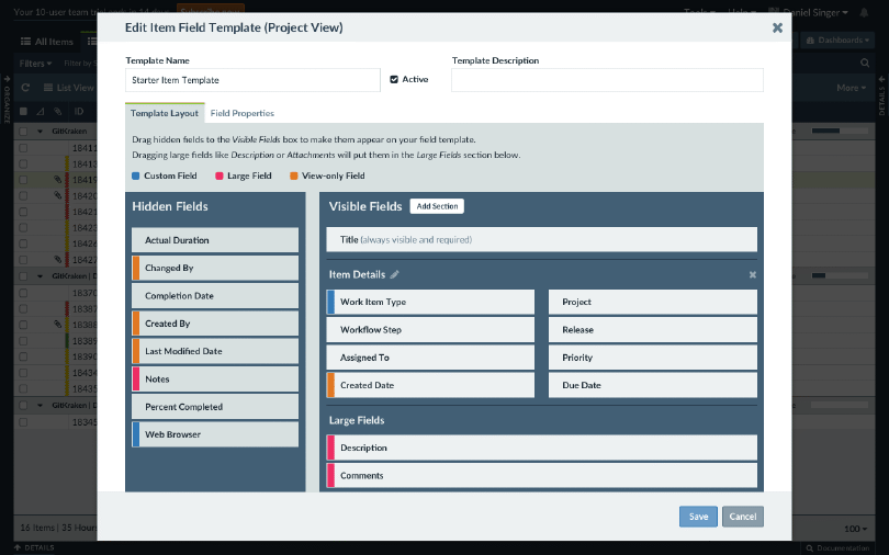 Screenshot of the field template editor in Axosoft, manage layout