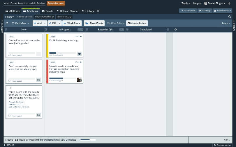 Screenshot of the main workspace in Axosoft with Card View