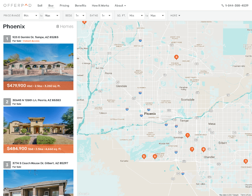 Screenshot of a mockup of a home listings map and search results