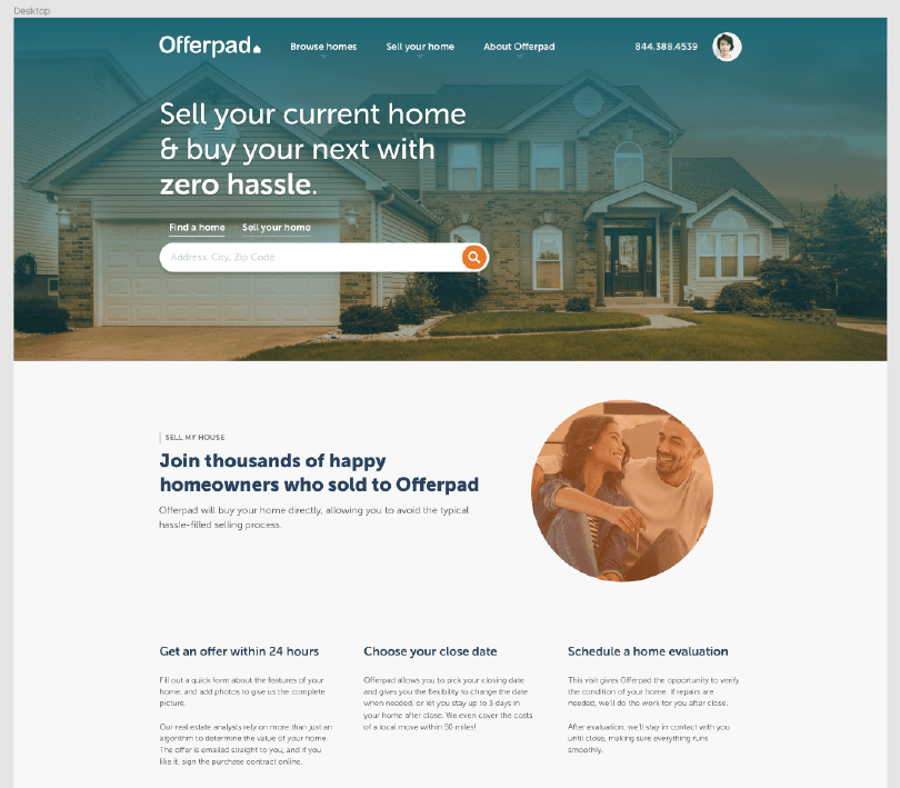 Screenshot of a mockup of the Offerpad home page in Figma, with additional features