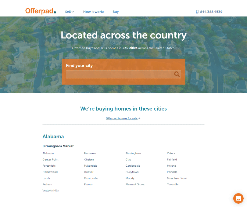 Screenshot of Offerpad locations page around January 2020