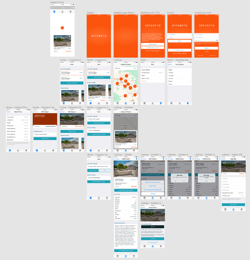 Figma screenshot of several screens in the then-prototype of Offerpad Mobile