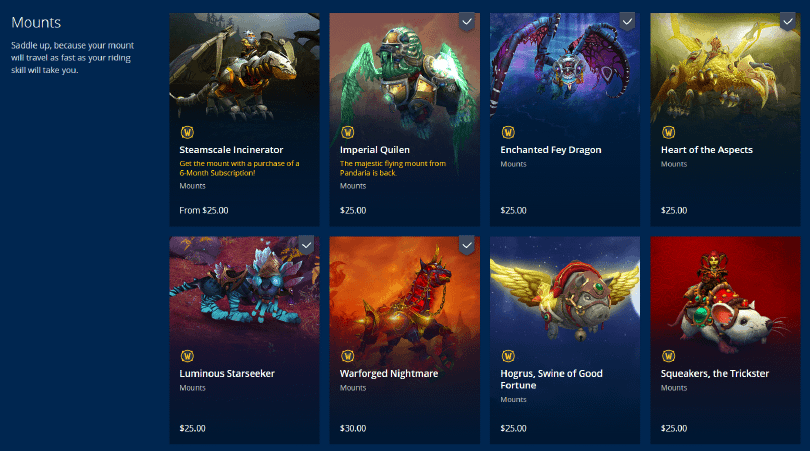 Screenshot of the World of Warcraft cosmetics shop, with mounts available for sale