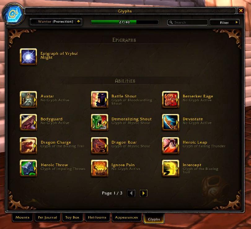 Mockup screenshot of a possible Glyphs user interface in World of Warcraft