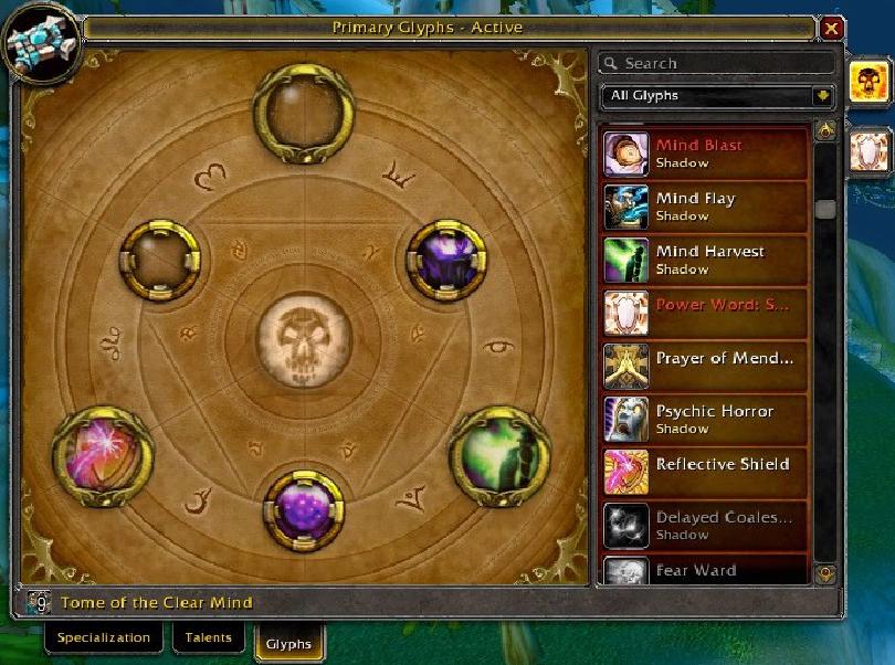 Screenshot of an old version of the Glyphs user interface in World of Warcraft
