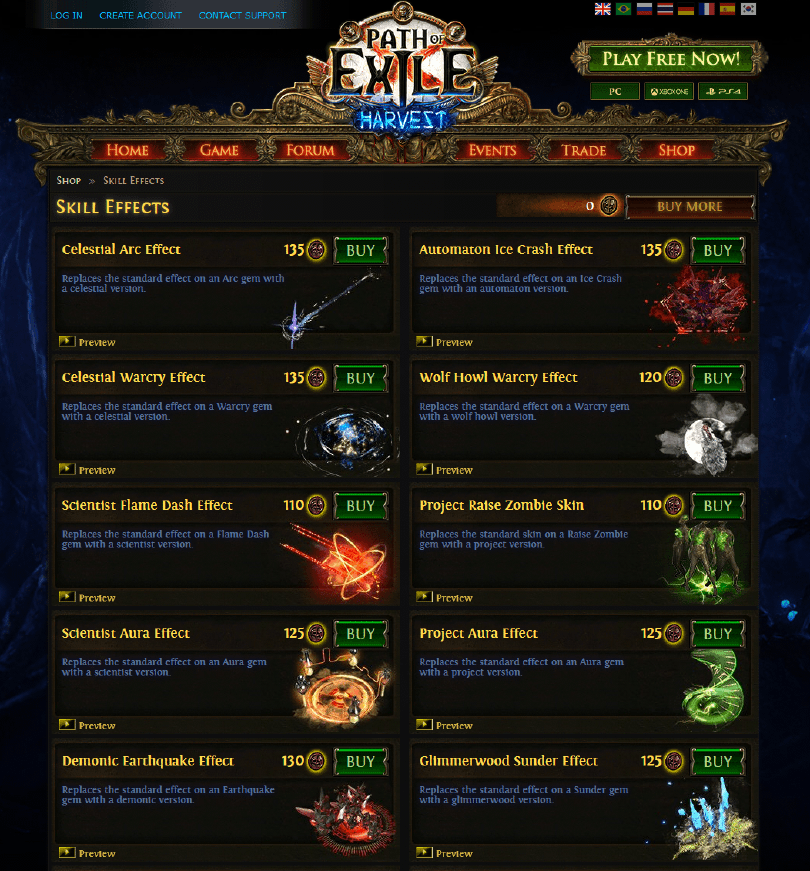 Screenshot of the web version of the Path of Exile shop, with skill effects available for sale
