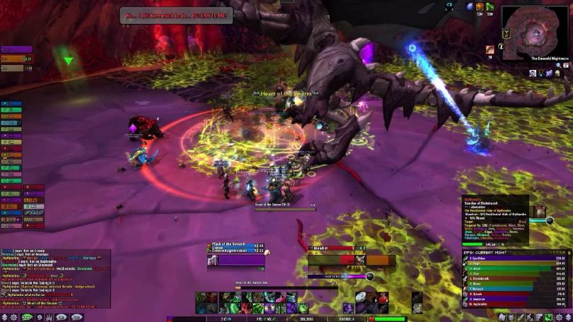 Screenshot of a World of Warcraft raid boss fight, which a variety of different user interface elements visible