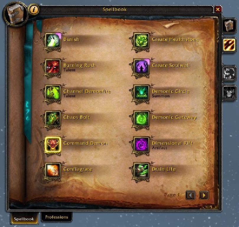 Screenshot of the Spellbook user interface in World of Warcraft with glyphs applied to specific spells