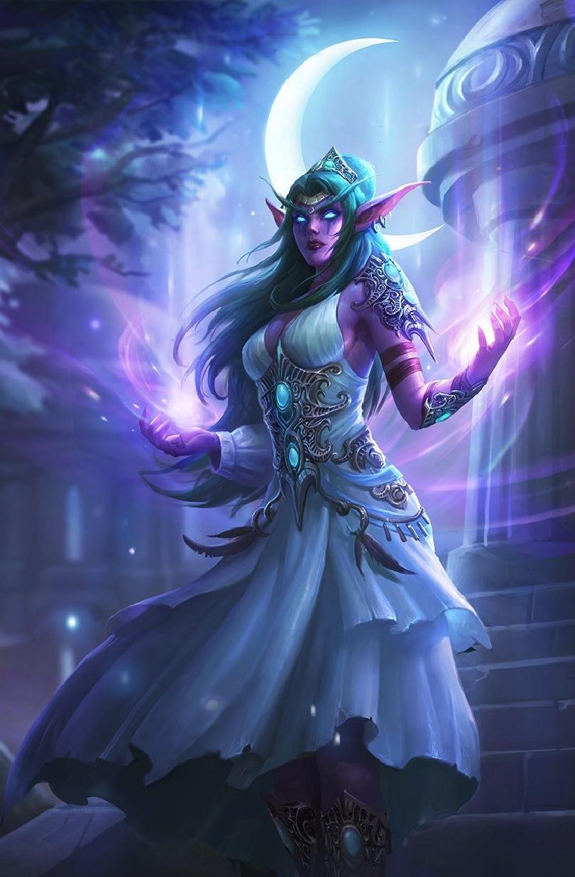 Artwork of a night elf priestess from World of Warcraft, surrounded in arcane energy