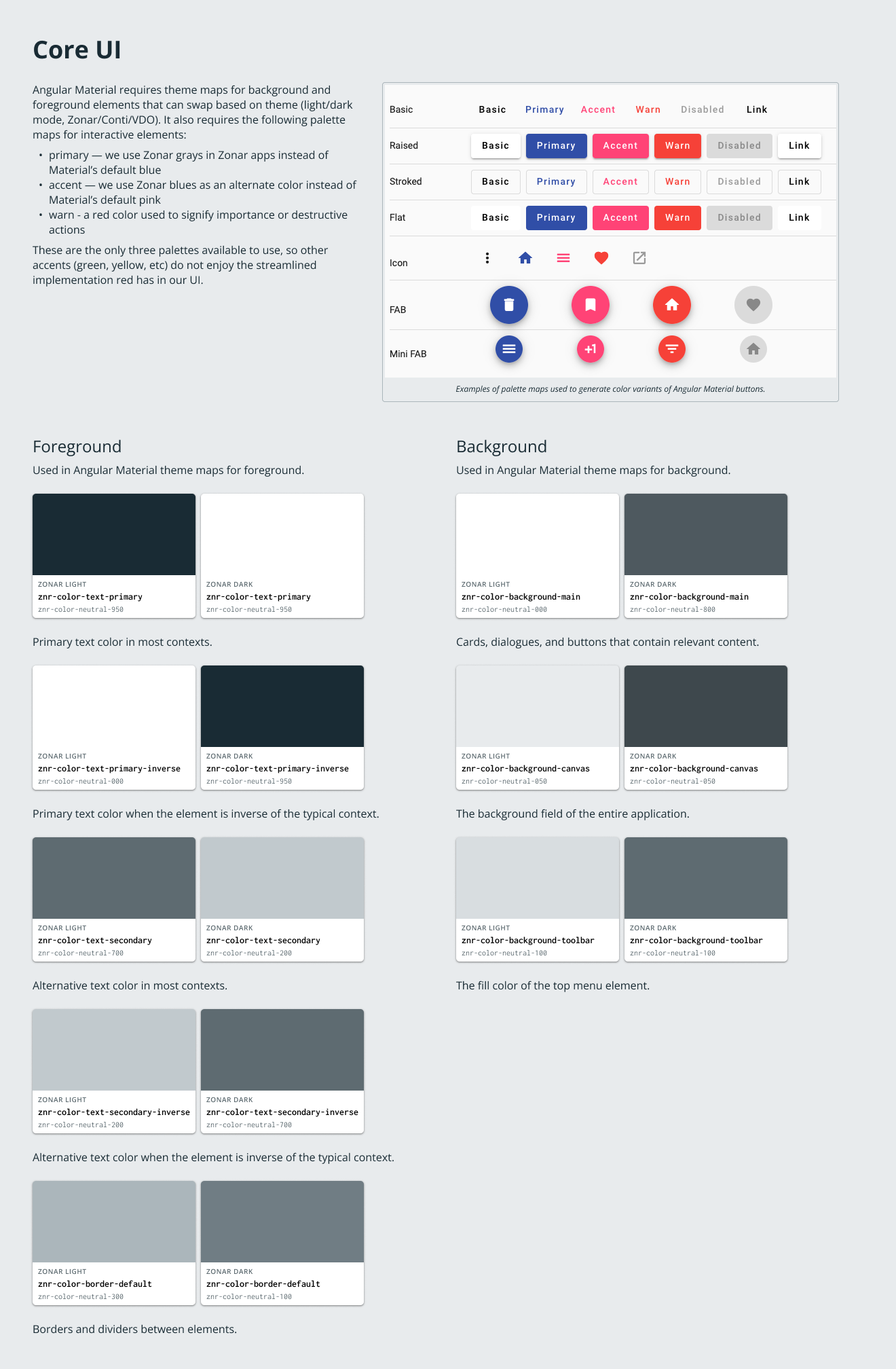 Screenshot of a Figma artboard with swatches of colors and some commentary